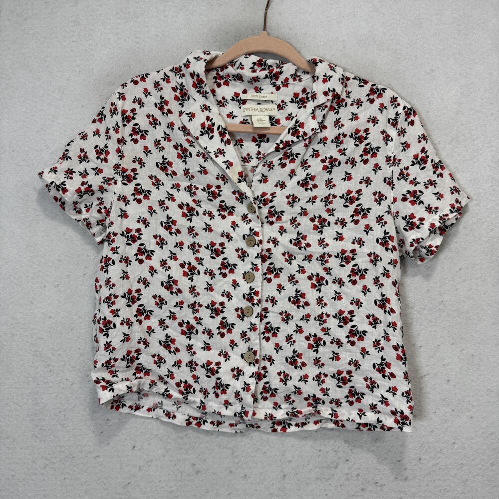 Cynthia Rowley Shirt Womens XS White Linen Floral Button Front Short Sleeve
